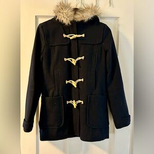 American Eagle Outfitters Jacket Women’s Faux Fur Hood Wool Navy Toggle Button